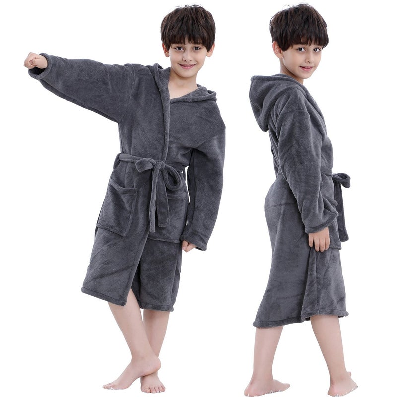 KEMUSI Hooded Herringbone Boy's Fleece Grey Soft Spa Kimono Long Robe, Kids Comfy Sleepwear Bathrobe(10-12 Year) - Image 3